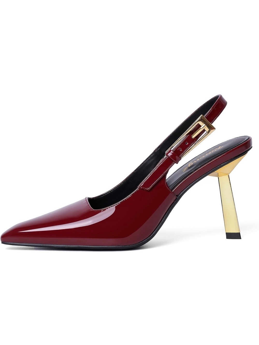 Burgundy Pointed-Toe Slingback Pumps with Gold Heel